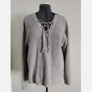 NWT 'Love By Design' Drop Shoulder V Neck Pullover With Lace Up Sweater Gray XL